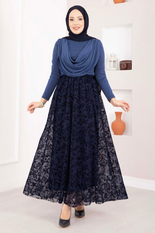 Navy Blue Tulle Skirt with Flock Print and Lining