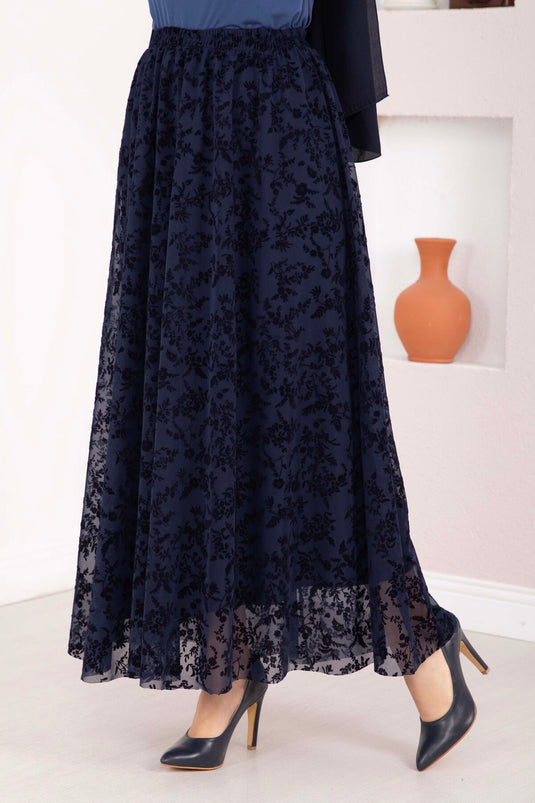 Navy Blue Tulle Skirt with Flock Print and Lining