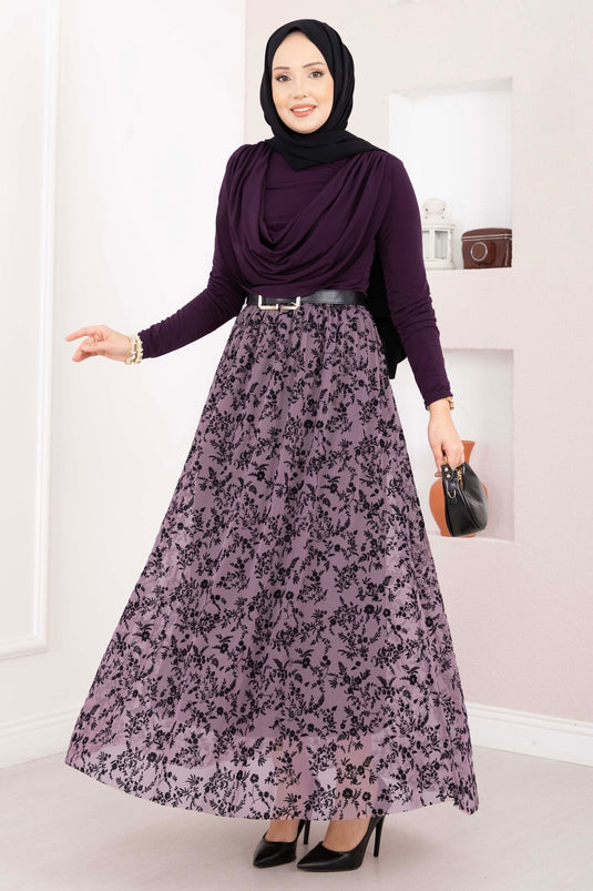 Lined Tulle Skirt with Flock Print Lilac
