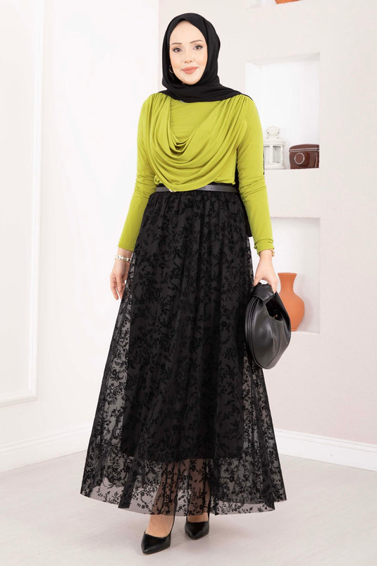 Black Floc Printed Lined Tulle Skirt
