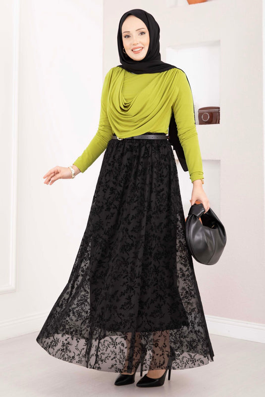 Black Floc Printed Lined Tulle Skirt