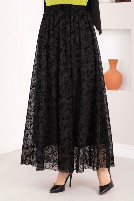 Black Floc Printed Lined Tulle Skirt