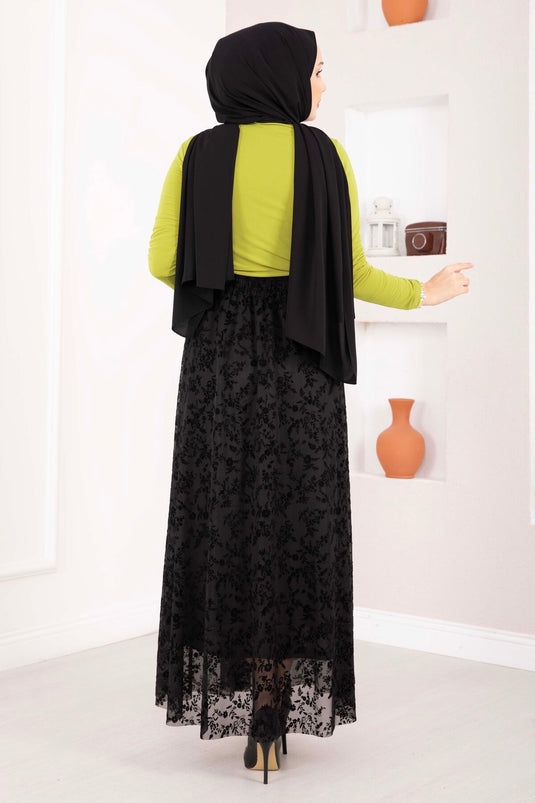 Black Floc Printed Lined Tulle Skirt