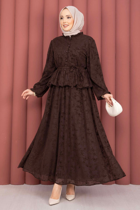 Velvet Printed Collar with Ruffle Detail Lined Skirt Set Brown