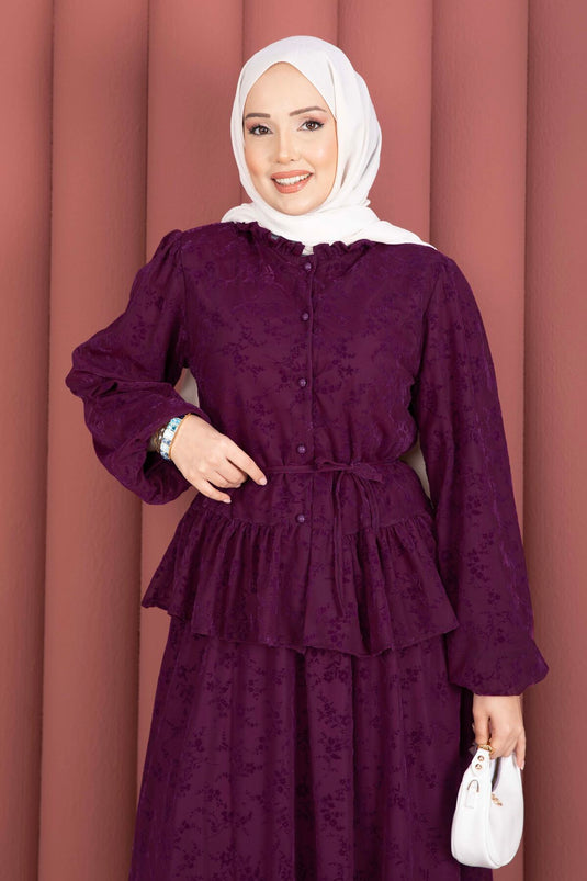 Velvet Printed Collar Ruffle Detail Lined Skirt Set Burgundy