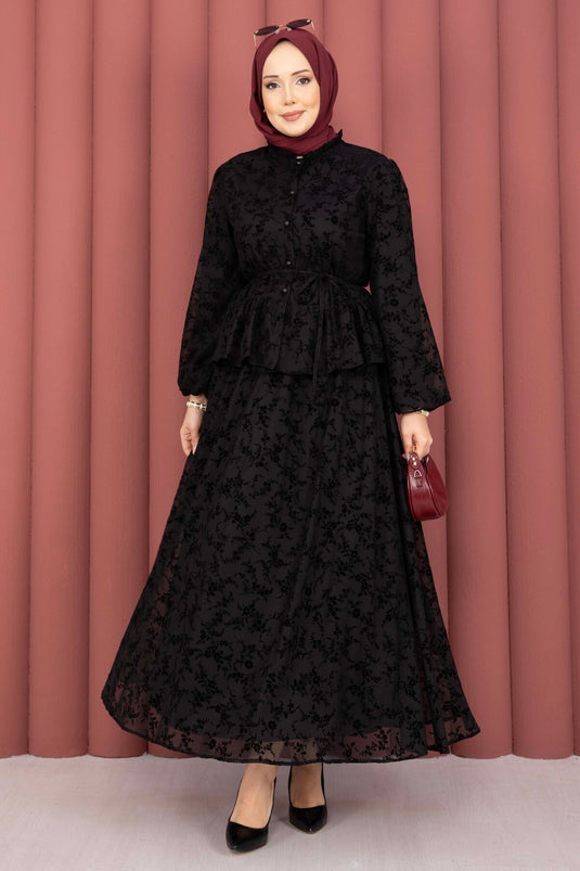 Velvet Printed Collar with Ruffle Detail and Lined Skirt Set Black