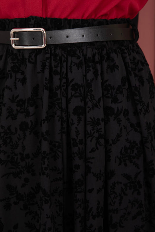 Flok Desen Kemerli Tül Etek Siyah