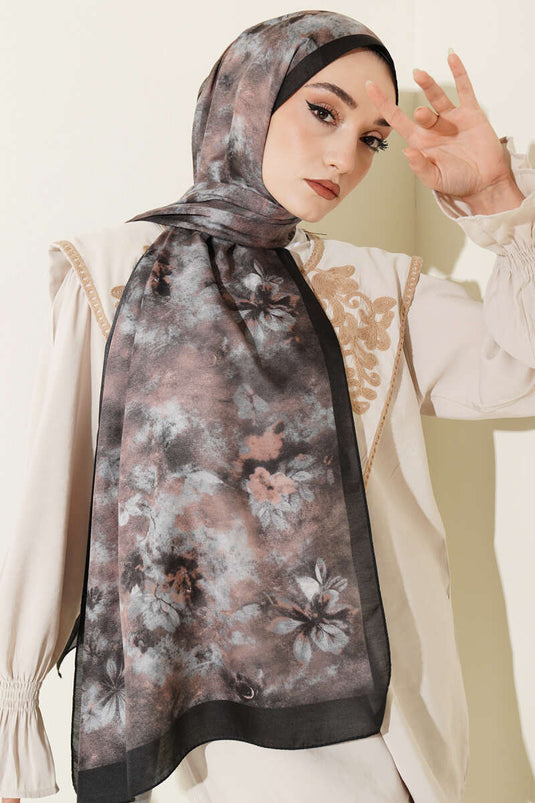 Floral Batik Desen Şal Siyah Gri