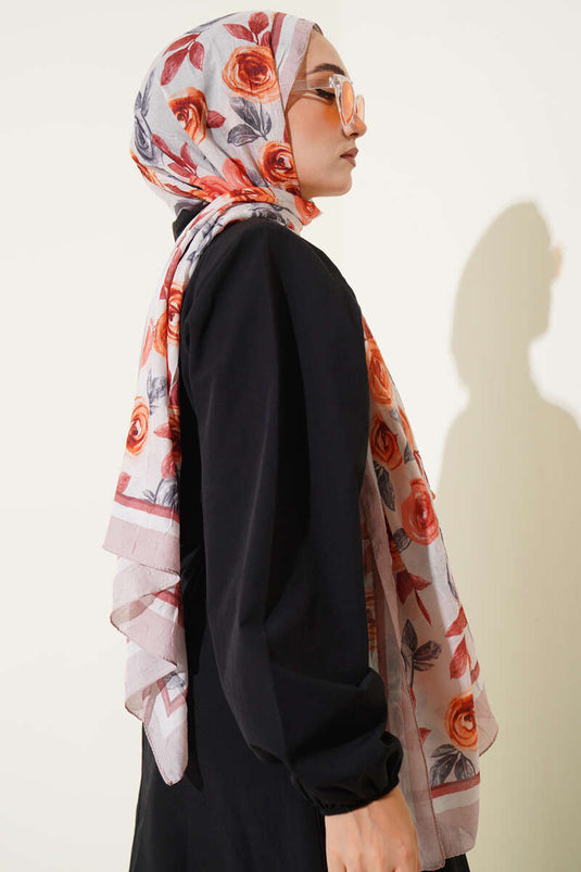 Floral Patterned Bamboo Crush Shawl Latte