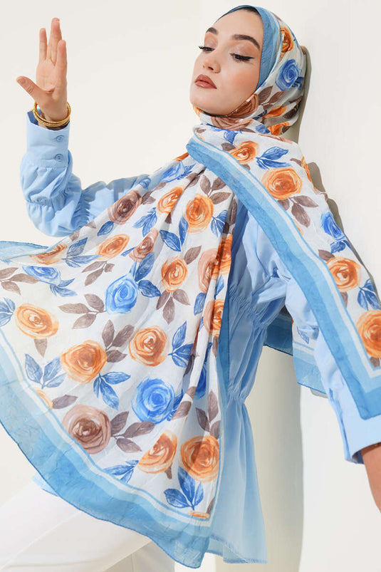 Floral Patterned Bamboo Crash Scarf, Soft Blue