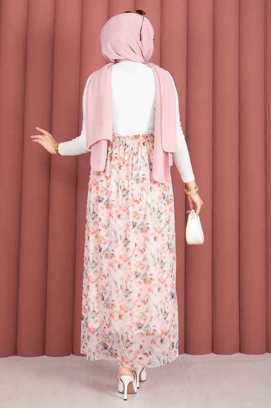 Floral Desenli Beli Lastikli Şifon Tül Etek Krem