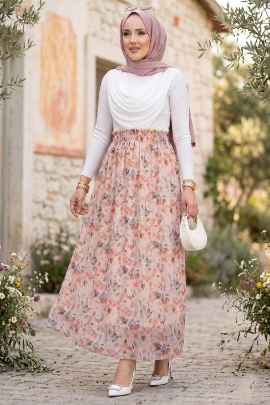 Floral Desenli Beli Lastikli Şifon Tül Etek Krem