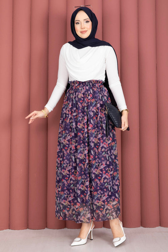 Jupe en tulle chiffon à fleurs avec taille élastique, bleu marine