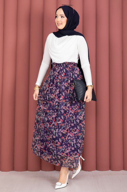 Gonna in tulle chiffon floreale con elastico in vita, blu scuro