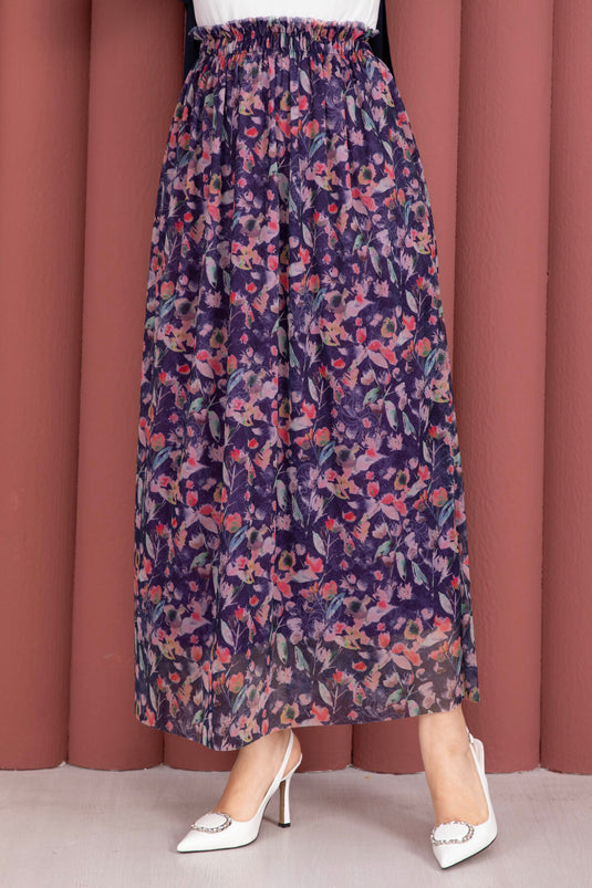 Jupe en tulle chiffon à fleurs avec taille élastique, bleu marine
