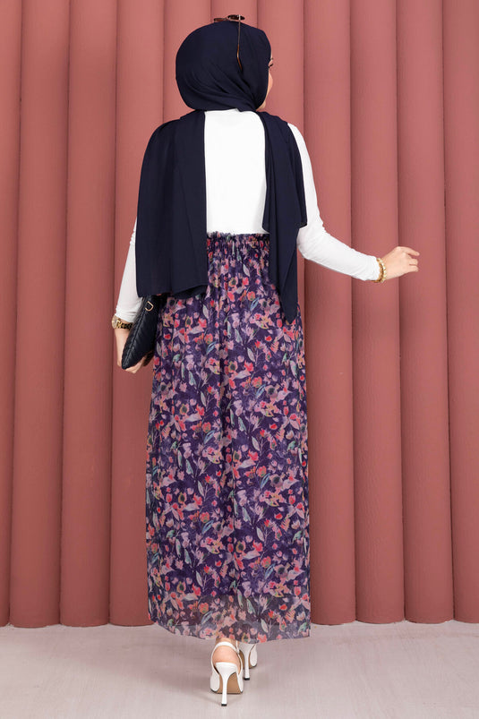 Gonna in tulle chiffon floreale con elastico in vita, blu scuro