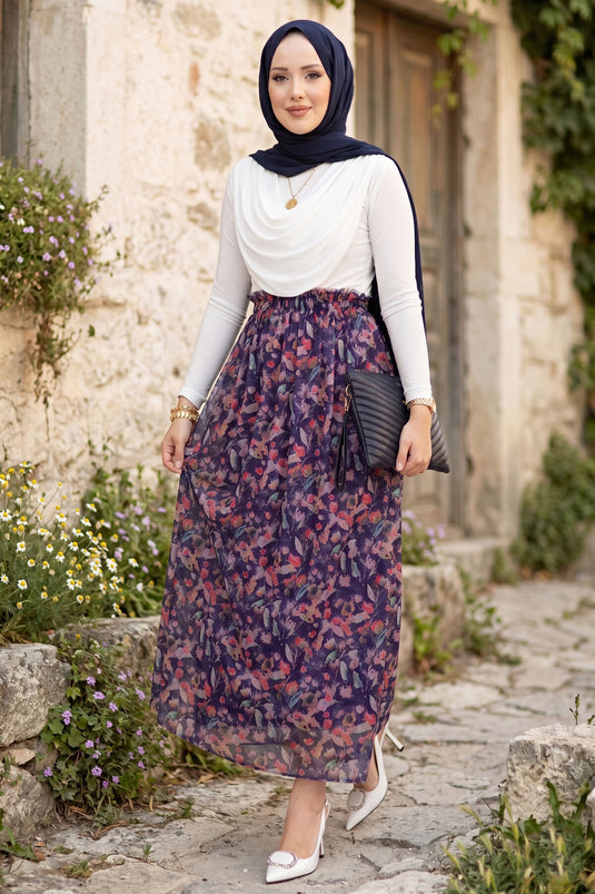 Gonna in tulle chiffon floreale con elastico in vita, blu scuro