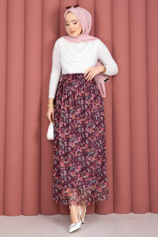 Jupe en tulle chiffon à fleurs avec taille élastique, couleur prune
