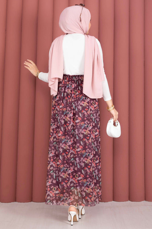 Jupe en tulle chiffon à fleurs avec taille élastique, couleur prune