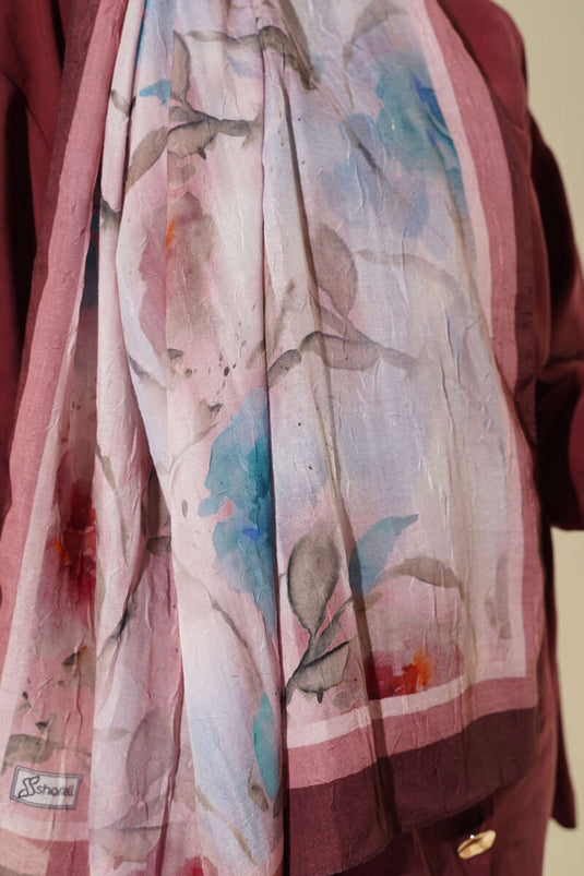 Flower Pattern Bamboo Crush Shawl Dark Brown