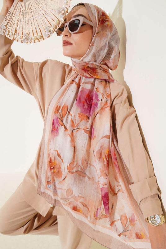 Bambus-Schal mit Blumenmuster, sandbeige