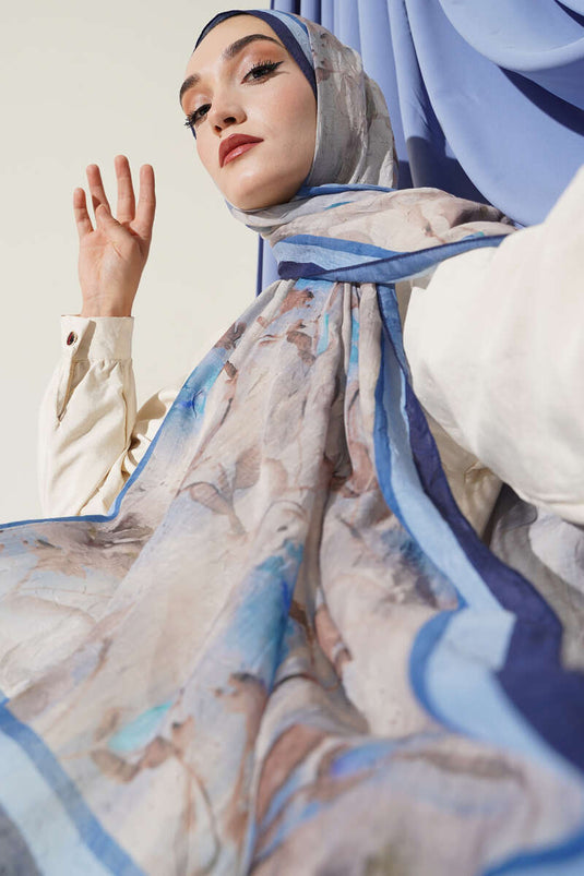 Flower Pattern Bamboo Crash Scarf Navy Blue