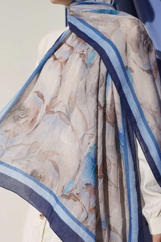 Flower Pattern Bamboo Crash Scarf Navy Blue