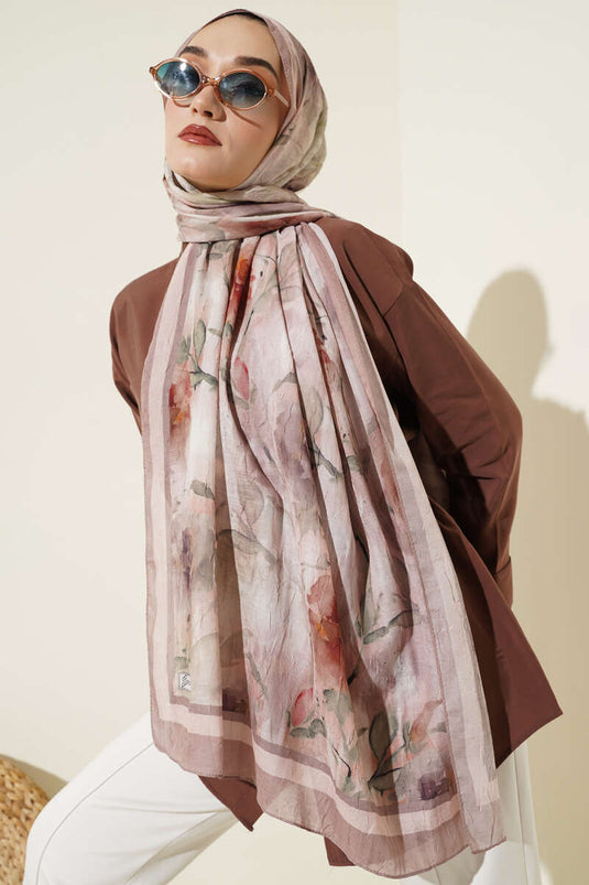 Flower Pattern Bamboo Crush Scarf Soft Coffee