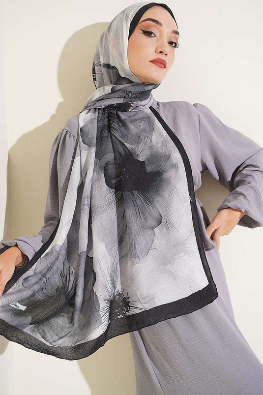 Flowers Bambu Kraş Shawl Black Smoke