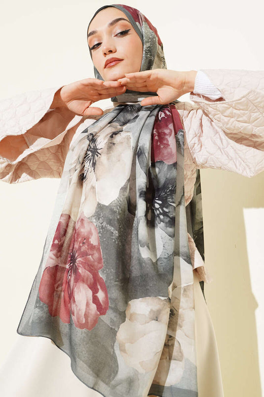 Fiori Motivo Rami Sciarpa Grigia