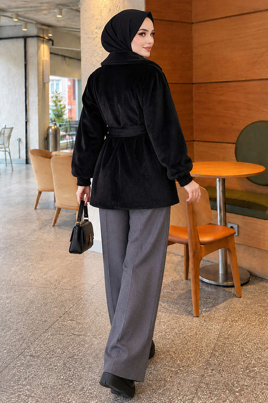 Manteau Court À Ceinture Fox Noir