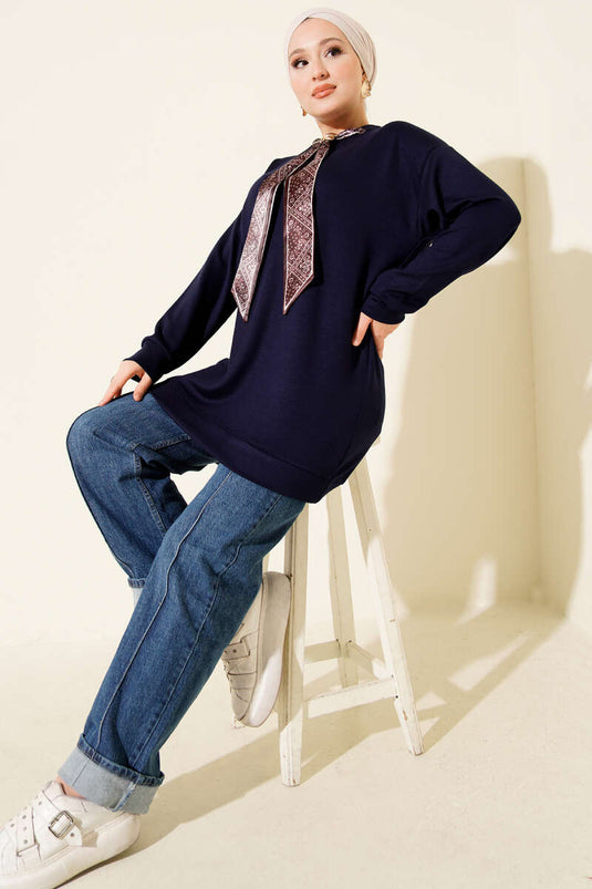 Loysha Tunic with Scarf Detail, Navy Blue