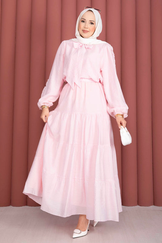 Fular Yaka Etekli İkili Takım Pembe