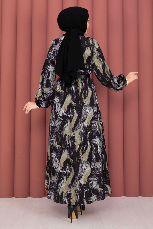 Robe voilée à col foulard à motifs noire
