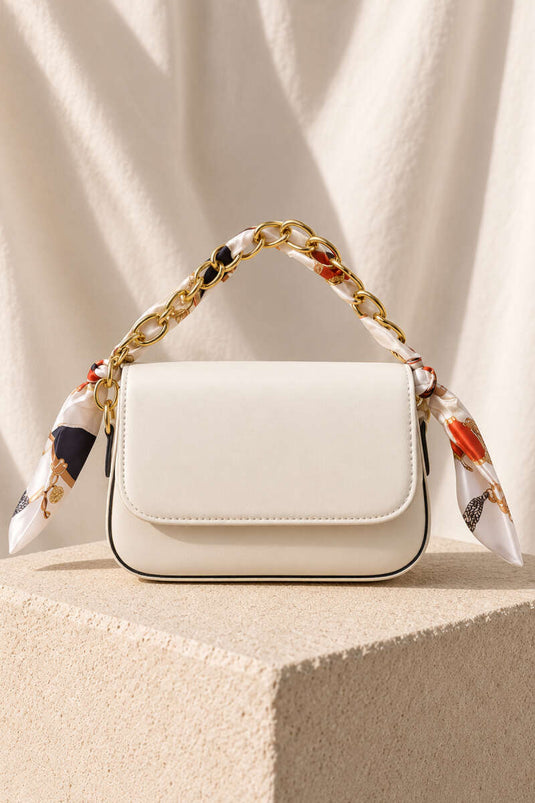 Beige Rectangular Scarf Bag With Chain