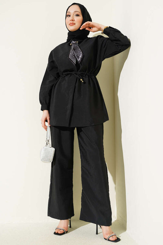 Fular mit Taillendetail, zweiteiliges Fallschirm-Set, Schwarz