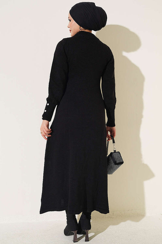 Vestido De Punto Negro Con Detalles De Bufanda Y Volantes
