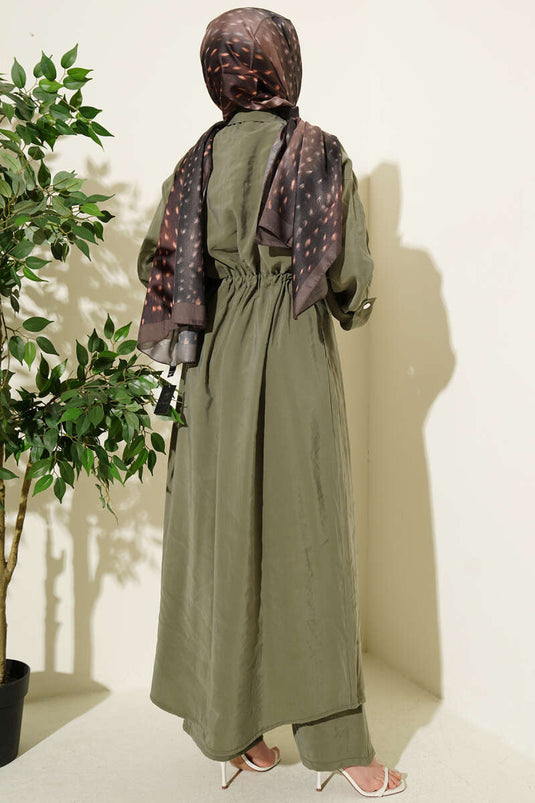 Long Tunic Set with Modal, Zipper, and Scarf in Pistachio Green