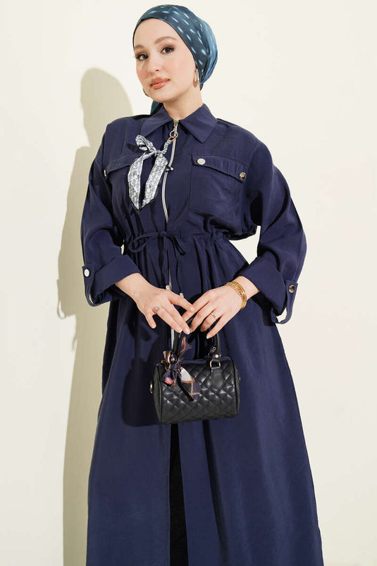 Long Tunic Set with Modal, Zipper, and Scarf, Navy Blue