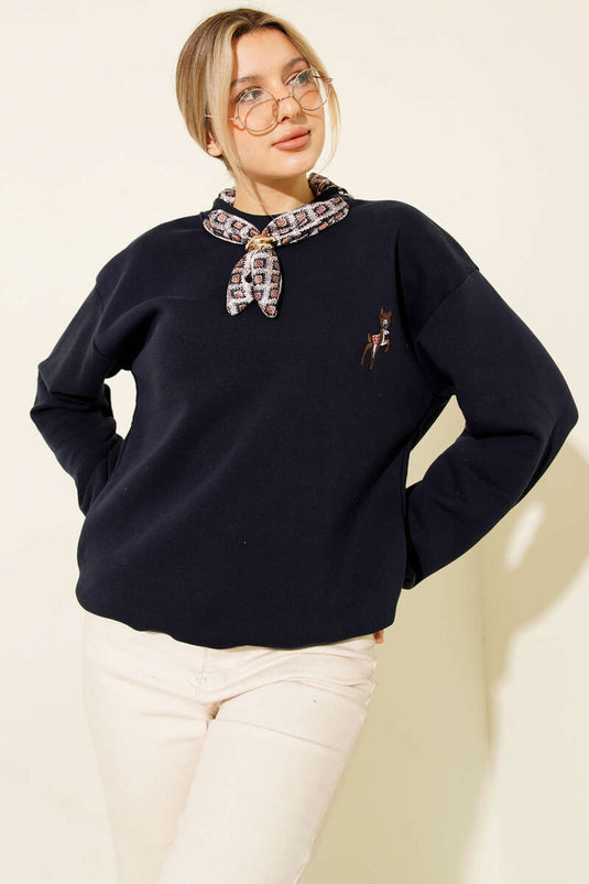 Sweat-shirt bleu marine avec broderie cerf et écharpe assortie