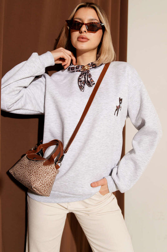 Sweat-shirt brodé cerf avec écharpe assortie, gris chiné