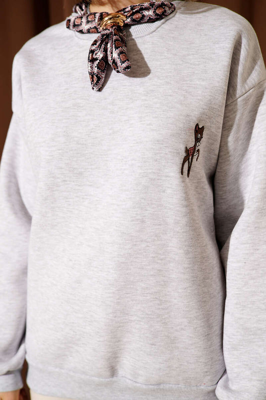 Sweat-shirt brodé cerf avec écharpe assortie, gris chiné