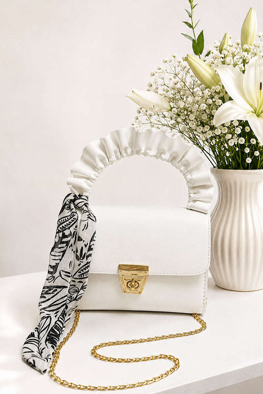 Bolso De Mano Blanco Para Mujer Con Detalle De Bufanda Dorada Y Cierre