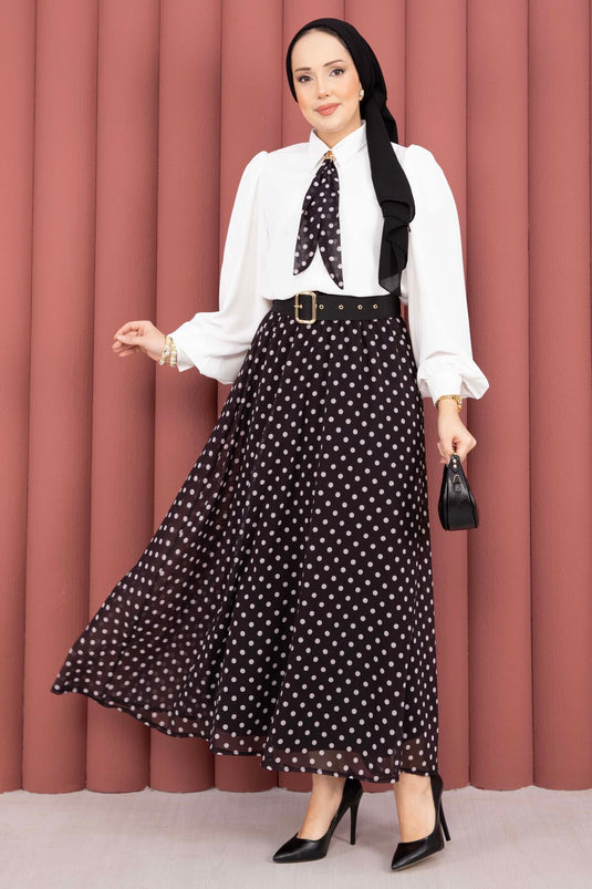 Chemisier avec foulard & ensemble jupe à pois avec ceinture noir