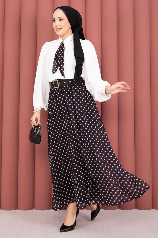 Chemisier avec foulard & ensemble jupe à pois avec ceinture noir