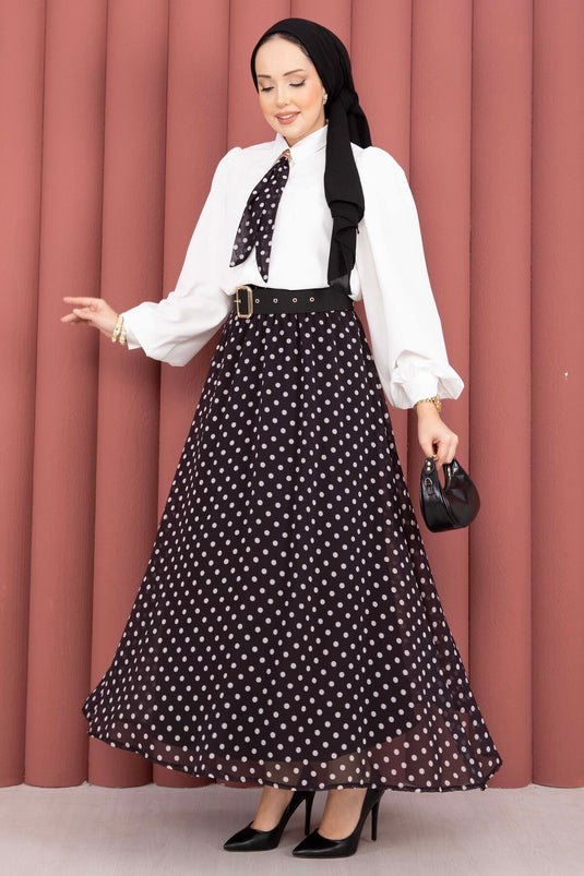 Chemisier avec foulard & ensemble jupe à pois avec ceinture noir