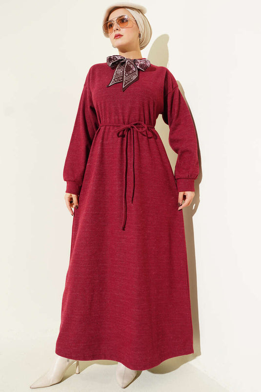 Burgundy Dress with Scarf and Tie Detail