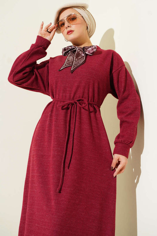Burgundy Dress with Scarf and Tie Detail