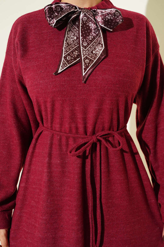 Burgundy Dress with Scarf and Tie Detail