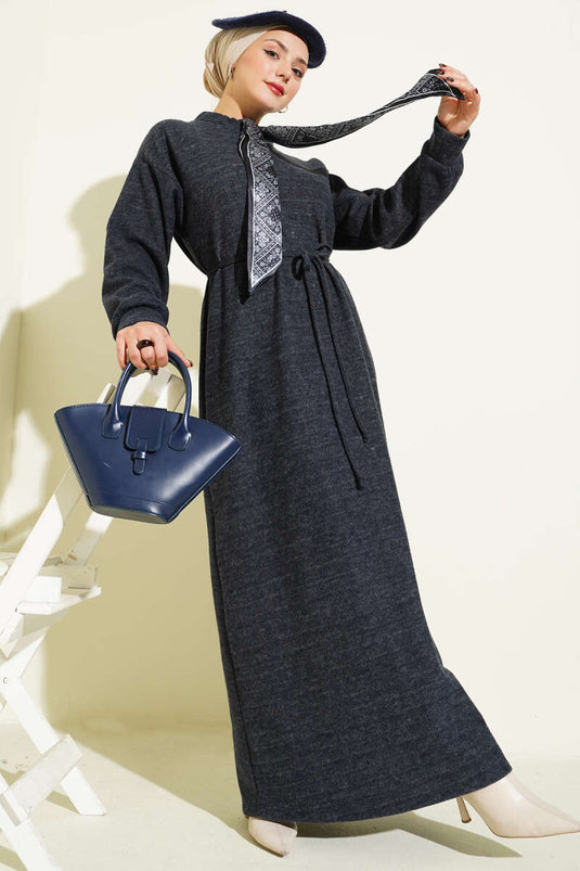 Dress with Scarf and Tie Detail, Smoke Grey